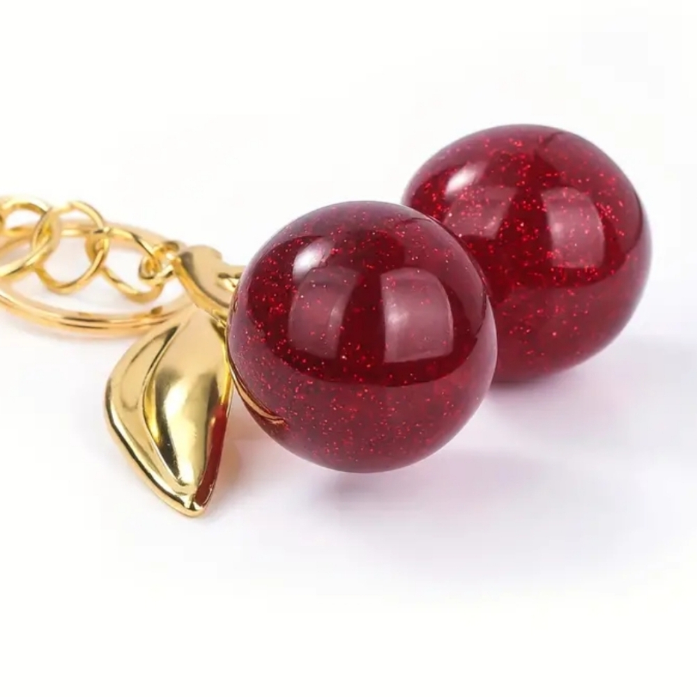 Cherry Keychain High Quality Resin Yellow Gold Hardward Bag Charm Red Cherry 🍒 - Picture 2 of 7